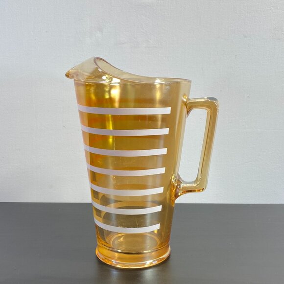 Vintage Amber Iridescent Carnival Glass Pitcher White Stripe Pattern Ice Lip - Picture 1 of 10